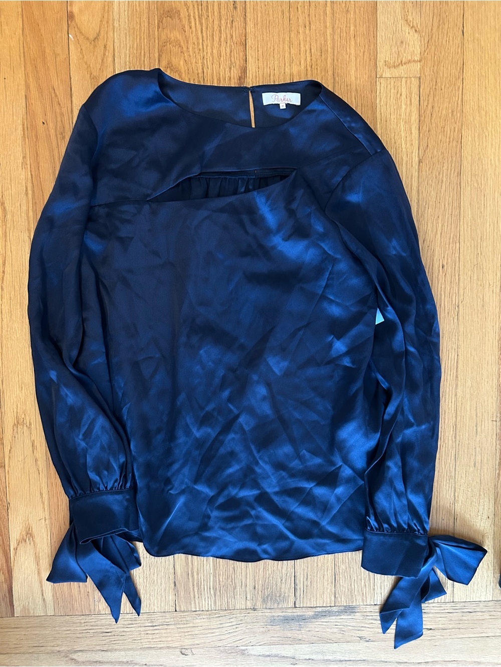 Parker Deep Blue Satin Tie-Cuff Long Sleeve Blouse